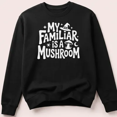 Whimsical illustration of a green and brown mushroom with the text 'My Familiar Is A Mushroom' — printed on a unisex sweatshirt