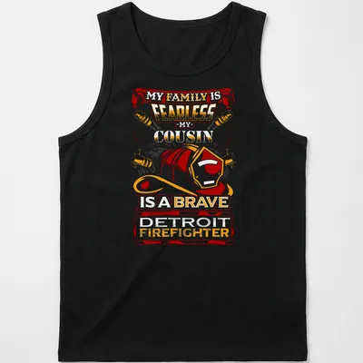 Bold graphic tee honoring a Detroit firefighter with strong typography — printed on a tank top