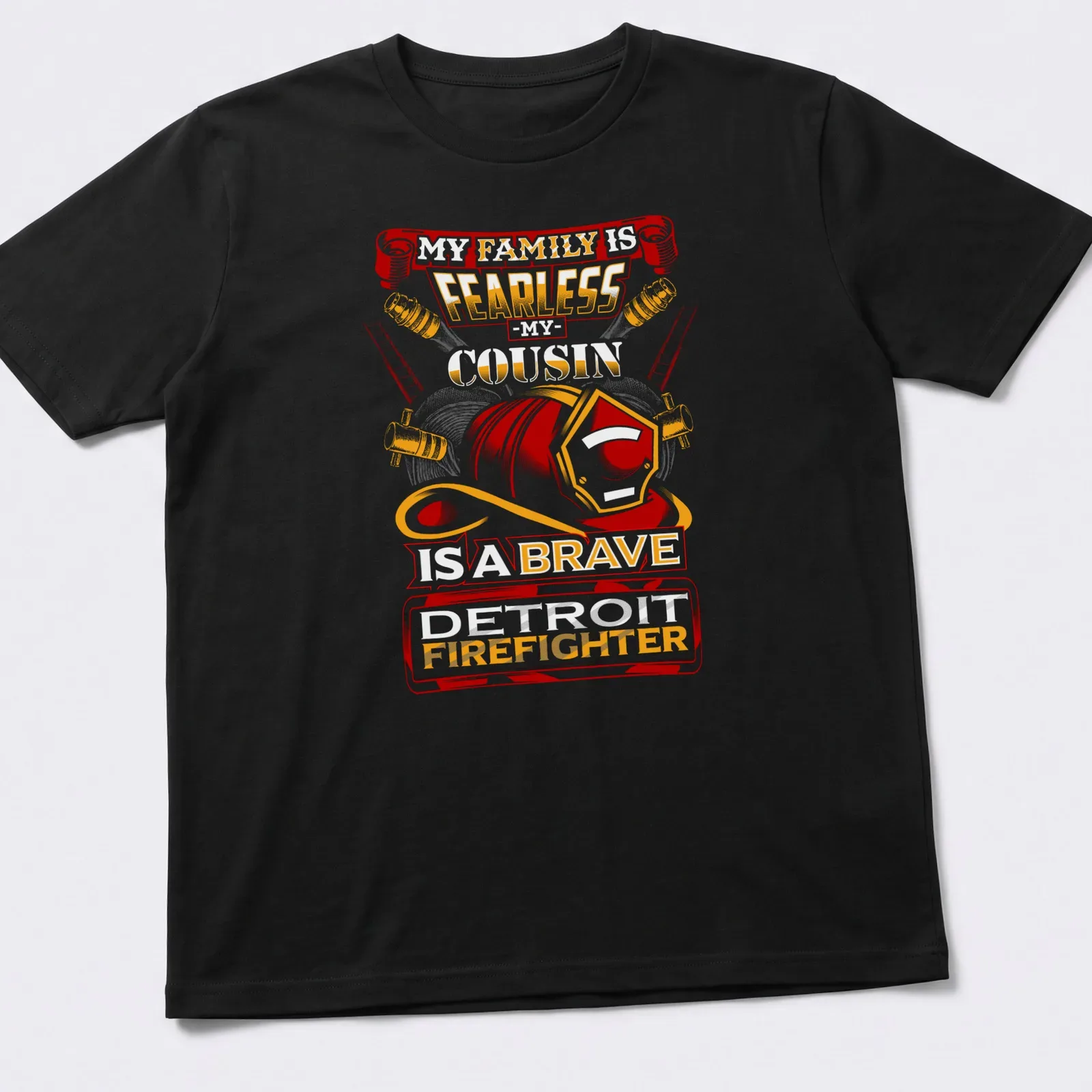 Bold graphic tee honoring a Detroit firefighter with strong typography — printed on a unisex t-shirt