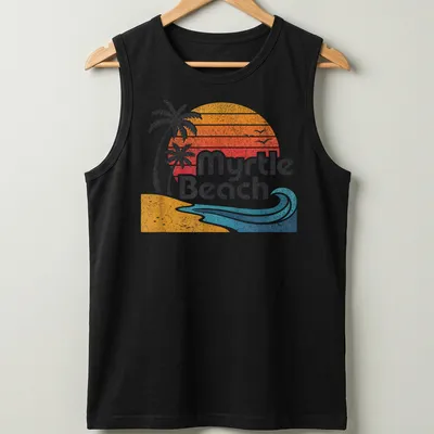 Retro distressed Myrtle Beach t-shirt featuring palm trees and waves in sunset colors — printed on a tank top