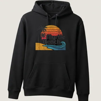 Retro distressed Myrtle Beach t-shirt featuring palm trees and waves in sunset colors — printed on a unisex hoodie