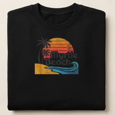 Retro distressed Myrtle Beach t-shirt featuring palm trees and waves in sunset colors — printed on a unisex sweatshirt