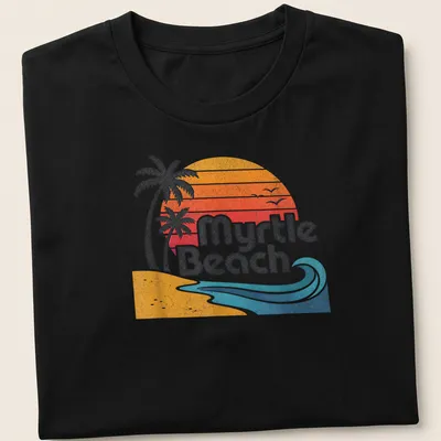 Retro distressed Myrtle Beach t-shirt featuring palm trees and waves in sunset colors — printed on a unisex t-shirt