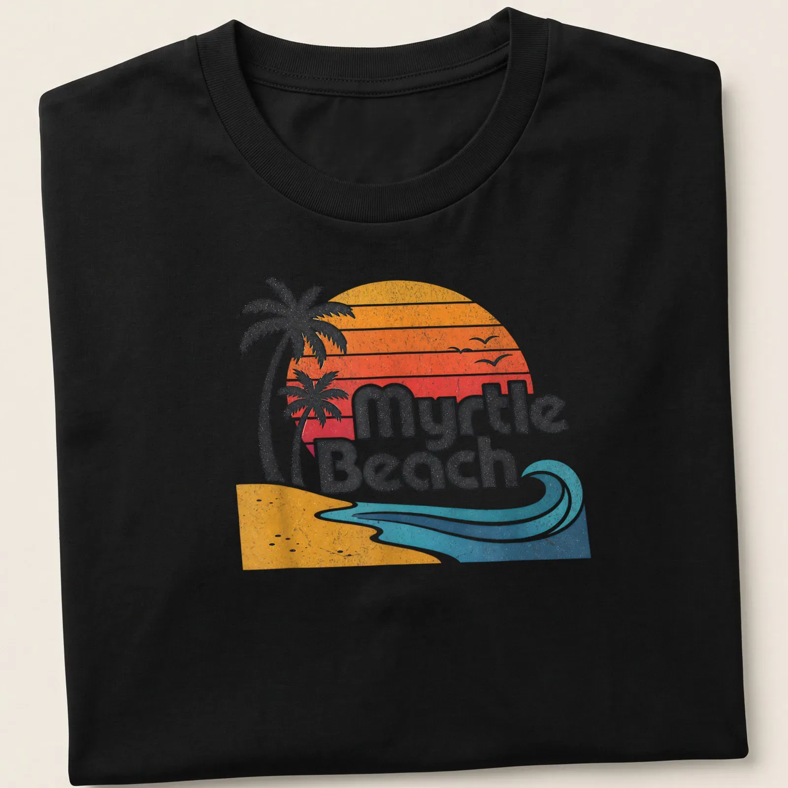 Retro distressed Myrtle Beach t-shirt featuring palm trees and waves in sunset colors — printed on a unisex t-shirt