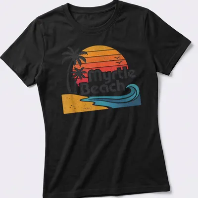 Retro distressed Myrtle Beach t-shirt featuring palm trees and waves in sunset colors — printed on a women's shirt