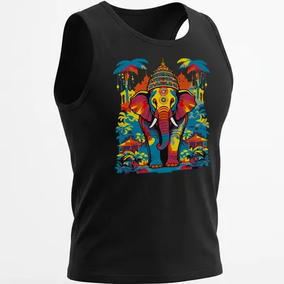 Vibrant ethnic illustration of an elephant in blue, orange, yellow, green, and pink — printed on a tank top