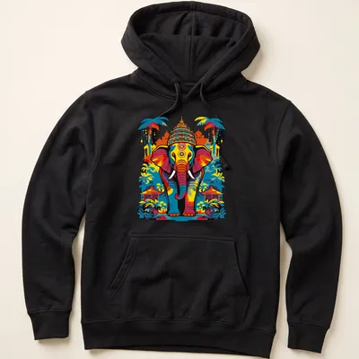 Vibrant ethnic illustration of an elephant in blue, orange, yellow, green, and pink — printed on a unisex hoodie