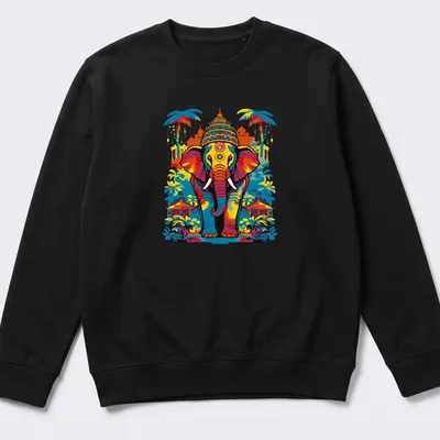 Vibrant ethnic illustration of an elephant in blue, orange, yellow, green, and pink — printed on a unisex sweatshirt