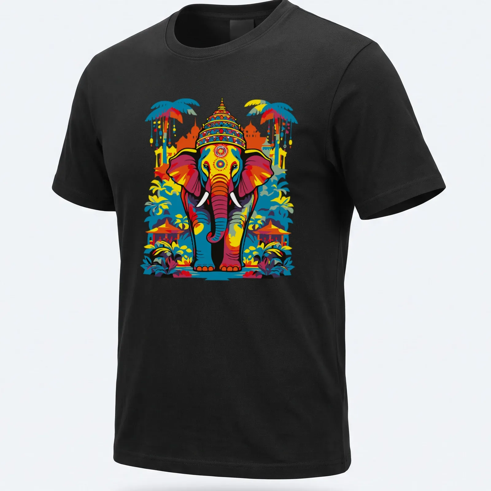 Vibrant ethnic illustration of an elephant in blue, orange, yellow, green, and pink — printed on a unisex t-shirt