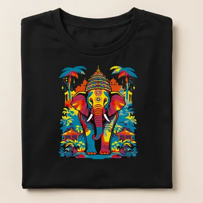 Vibrant ethnic illustration of an elephant in blue, orange, yellow, green, and pink — printed on a women's shirt
