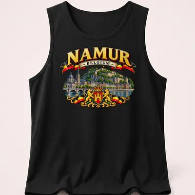 Vintage style travel tee featuring a scenic view of Namur, Belgium with colorful elements — printed on a tank top