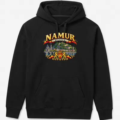 Vintage style travel tee featuring a scenic view of Namur, Belgium with colorful elements — printed on a unisex hoodie