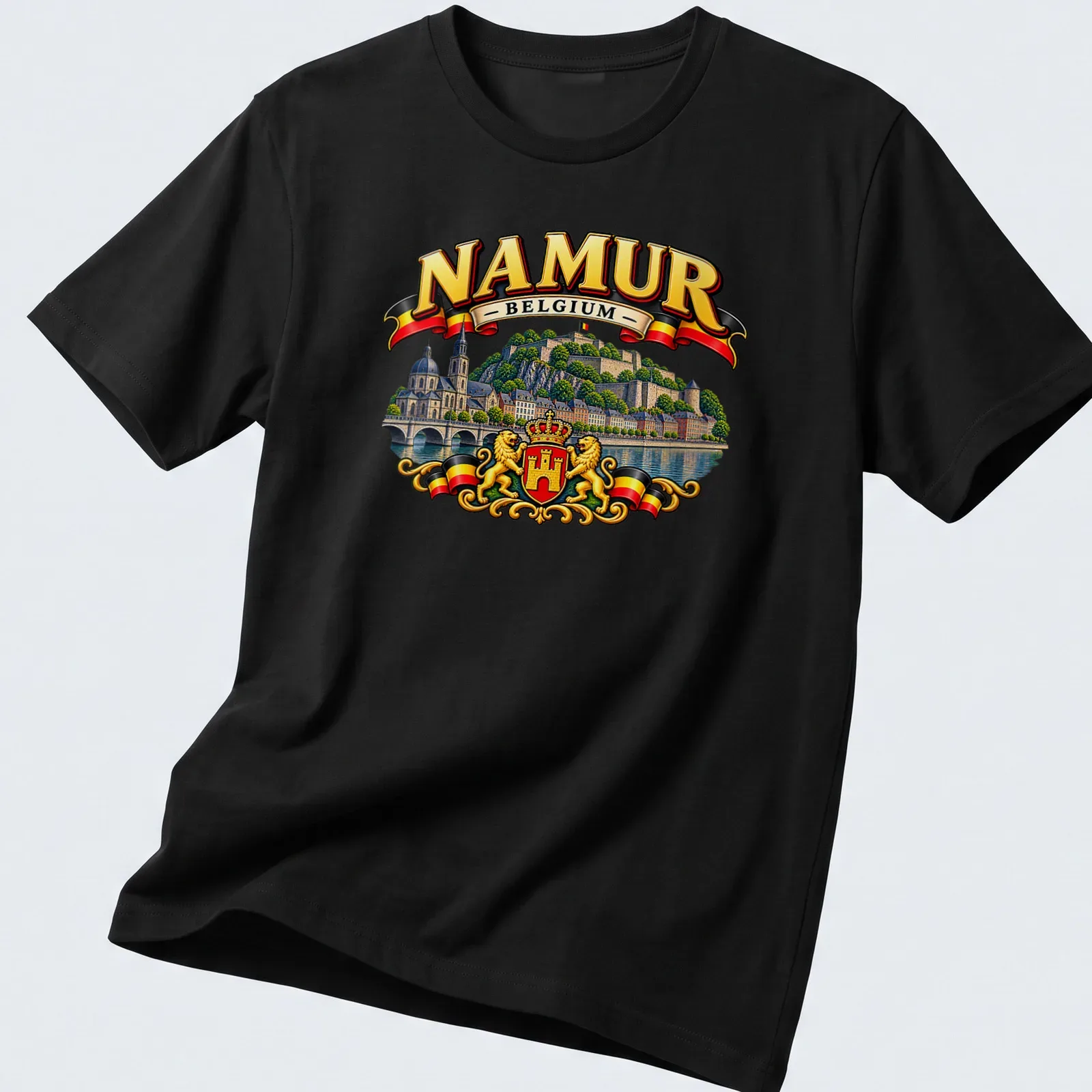 Vintage style travel tee featuring a scenic view of Namur, Belgium with colorful elements — printed on a unisex t-shirt