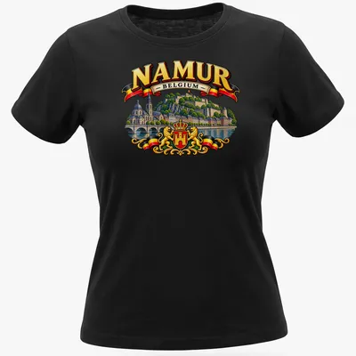 Vintage style travel tee featuring a scenic view of Namur, Belgium with colorful elements — printed on a women's shirt