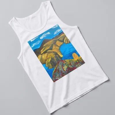 Vibrant landscape t-shirt featuring a blue river and mountains in rich colors — printed on a tank top