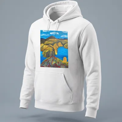 Vibrant landscape t-shirt featuring a blue river and mountains in rich colors — printed on a unisex hoodie