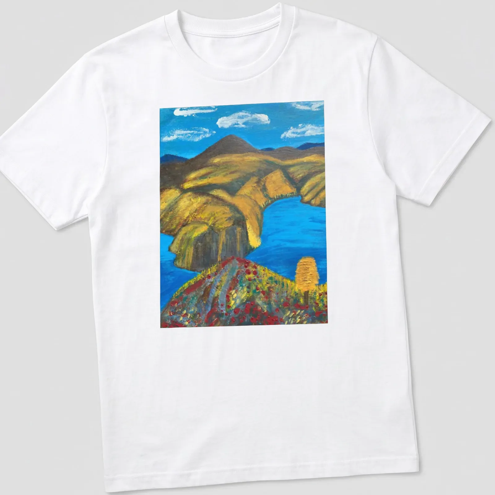 Vibrant landscape t-shirt featuring a blue river and mountains in rich colors — printed on a unisex t-shirt