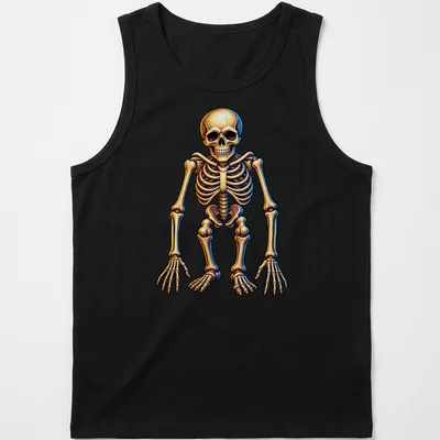 Neon glow skeleton t-shirt with bright yellow and blue colors on a black background. — printed on a tank top