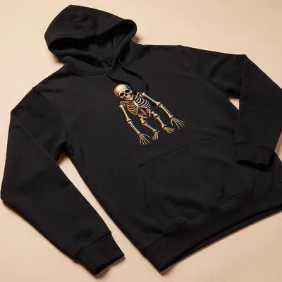 Neon glow skeleton t-shirt with bright yellow and blue colors on a black background. — printed on a unisex hoodie