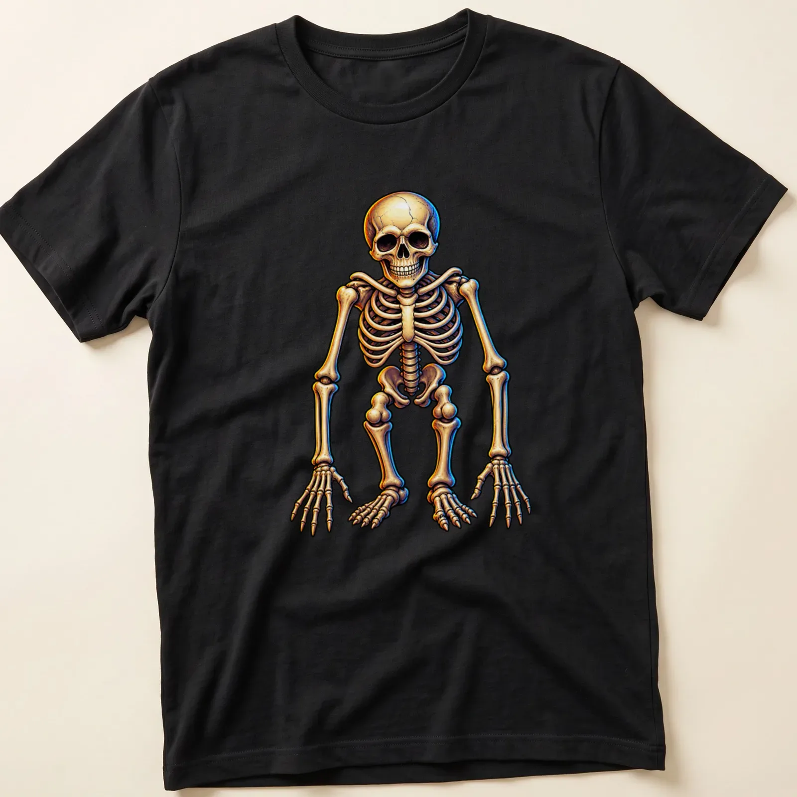 Neon glow skeleton t-shirt with bright yellow and blue colors on a black background. — printed on a unisex t-shirt