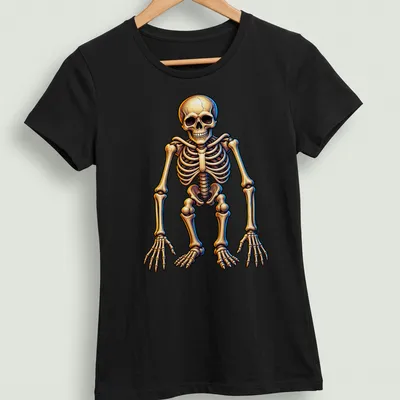 Neon glow skeleton t-shirt with bright yellow and blue colors on a black background. — printed on a women's shirt