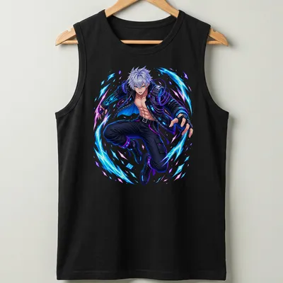 Anime warrior in a dynamic cyberpunk style with bold colors — printed on a tank top