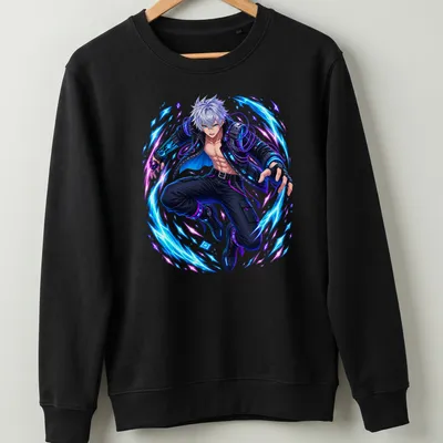 Anime warrior in a dynamic cyberpunk style with bold colors — printed on a unisex sweatshirt