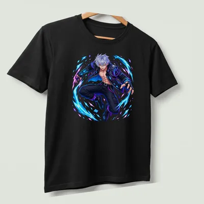 Anime warrior in a dynamic cyberpunk style with bold colors — printed on a unisex t-shirt (angled view)