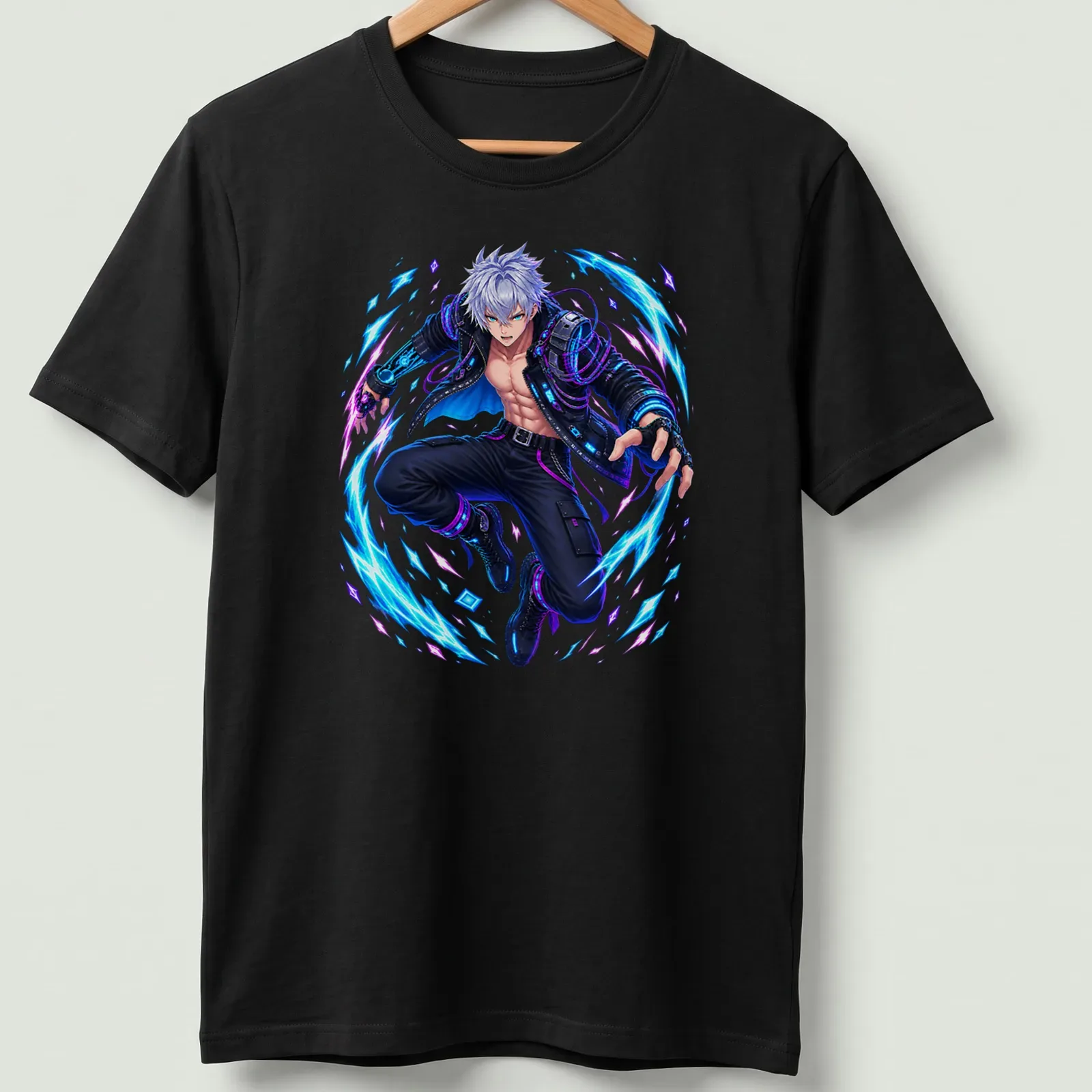 Anime warrior in a dynamic cyberpunk style with bold colors — printed on a unisex t-shirt