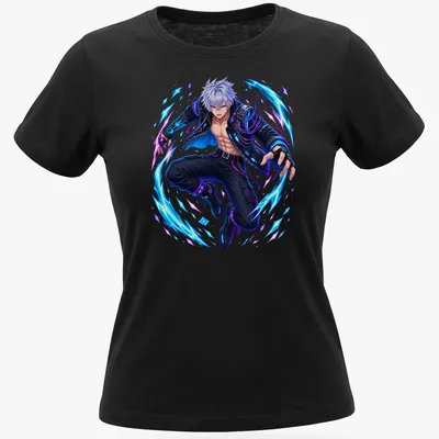 Anime warrior in a dynamic cyberpunk style with bold colors — printed on a women's shirt