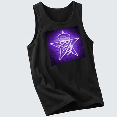 Neon star character with glasses and hat in purple and white illustration — printed on a tank top