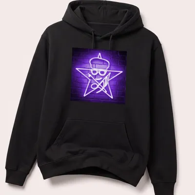 Neon star character with glasses and hat in purple and white illustration — printed on a unisex hoodie