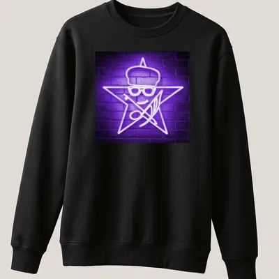 Neon star character with glasses and hat in purple and white illustration — printed on a unisex sweatshirt