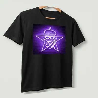 Neon star character with glasses and hat in purple and white illustration — printed on a unisex t-shirt (angled view)