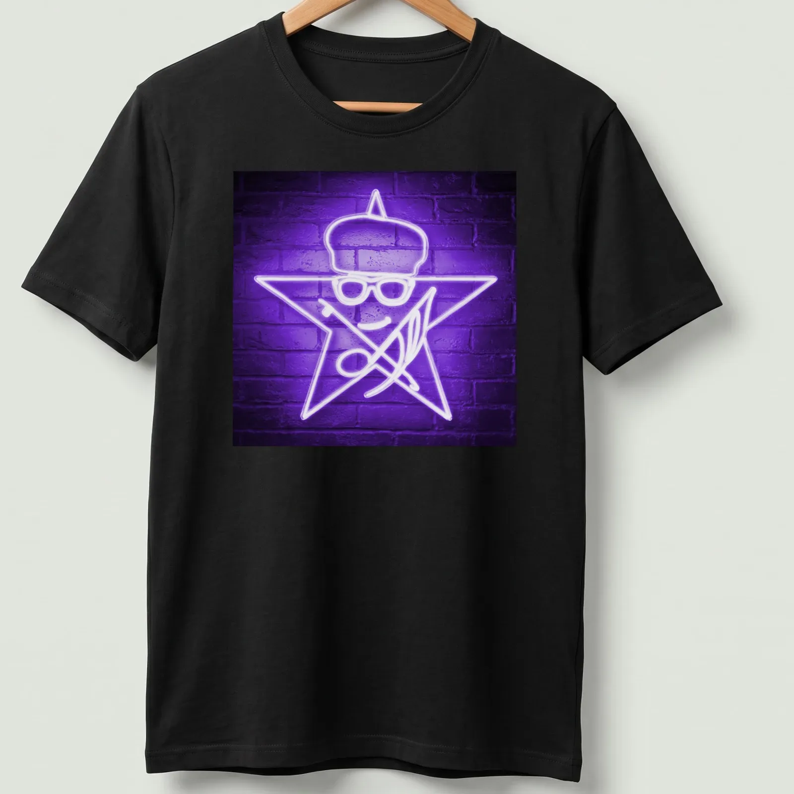 Neon star character with glasses and hat in purple and white illustration — printed on a unisex t-shirt