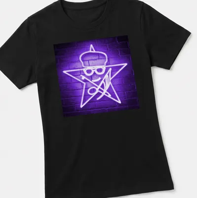 Neon star character with glasses and hat in purple and white illustration — printed on a women's shirt