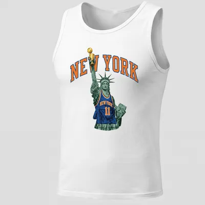 Vintage print of Statue of Liberty wearing a basketball jersey with text NEW YORK — printed on a tank top
