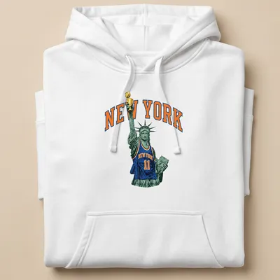 Vintage print of Statue of Liberty wearing a basketball jersey with text NEW YORK — printed on a unisex hoodie