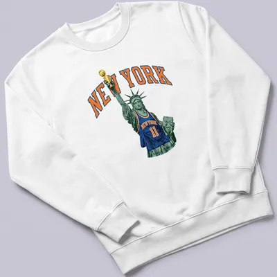 Vintage print of Statue of Liberty wearing a basketball jersey with text NEW YORK — printed on a unisex sweatshirt