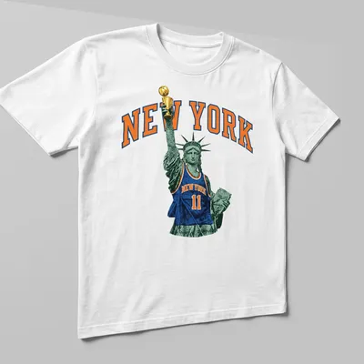 Vintage print of Statue of Liberty wearing a basketball jersey with text NEW YORK — printed on a unisex t-shirt (angled view)