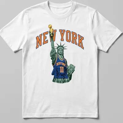 Vintage print of Statue of Liberty wearing a basketball jersey with text NEW YORK