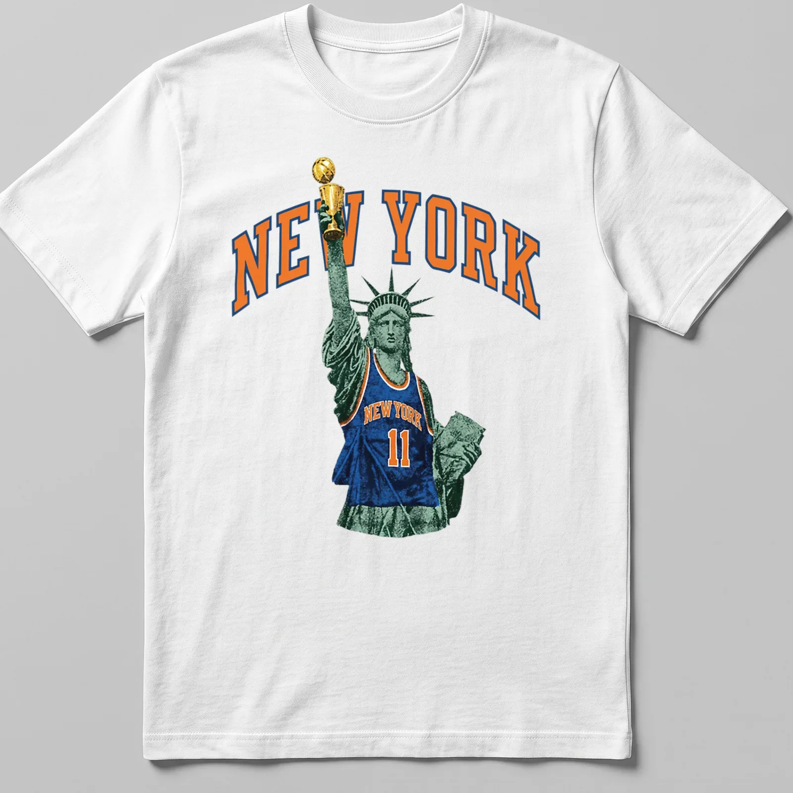 Vintage print of Statue of Liberty wearing a basketball jersey with text NEW YORK — printed on a unisex t-shirt