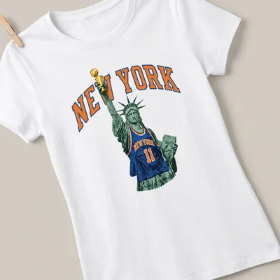 Vintage print of Statue of Liberty wearing a basketball jersey with text NEW YORK — printed on a women's shirt