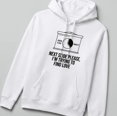 Funny meme t-shirt with text about finding love during a presentation — printed on a unisex hoodie