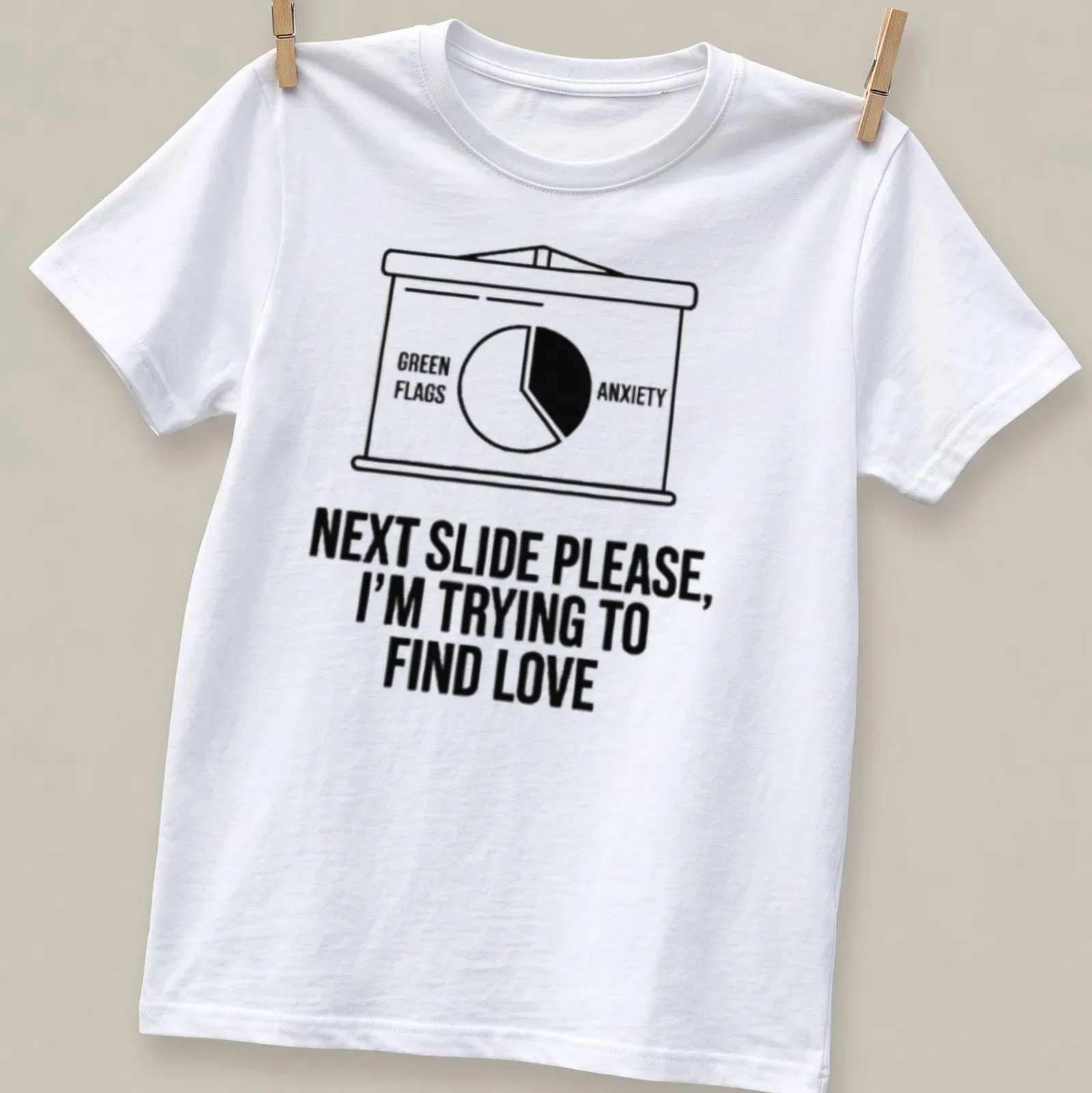Funny meme t-shirt with text about finding love during a presentation — printed on a unisex t-shirt
