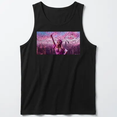 Vibrant digital art of the Statue of Liberty styled as Nicki Minaj in pinks and purples — printed on a tank top
