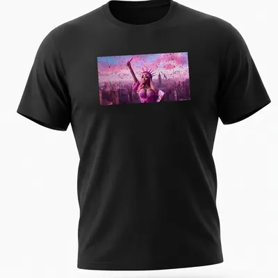 Vibrant digital art of the Statue of Liberty styled as Nicki Minaj in pinks and purples — printed on a unisex t-shirt