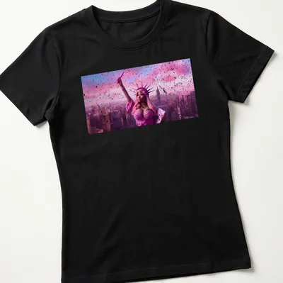 Vibrant digital art of the Statue of Liberty styled as Nicki Minaj in pinks and purples — printed on a women's shirt