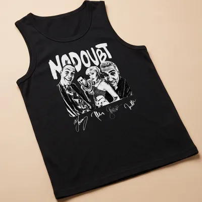 Black and white illustration of No Doubt band members with bold lettering — printed on a tank top