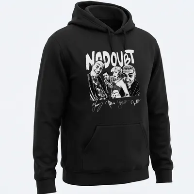 Black and white illustration of No Doubt band members with bold lettering — printed on a unisex hoodie